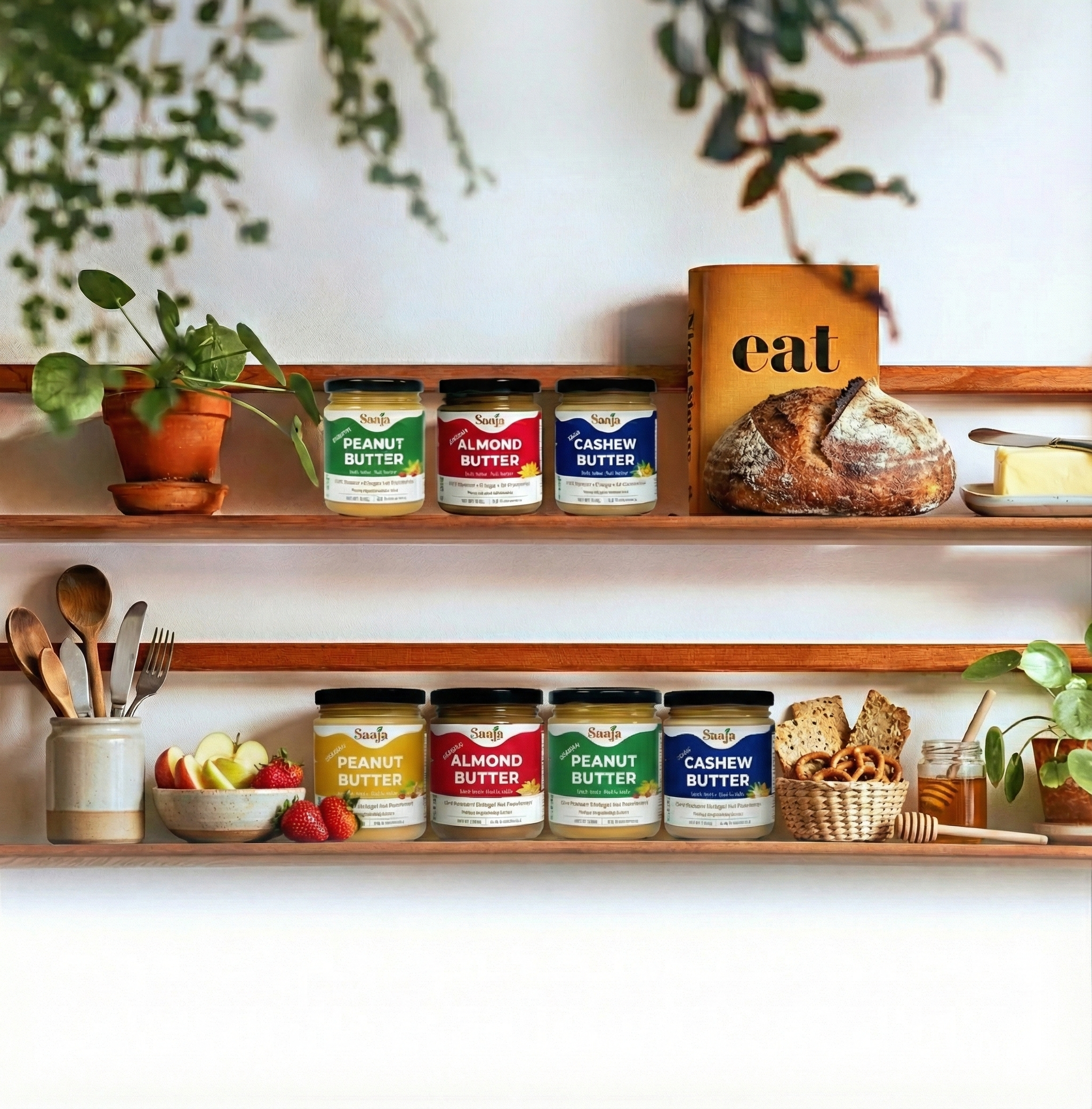Saaja Foods Nut Butters on a Kitchen Shelf